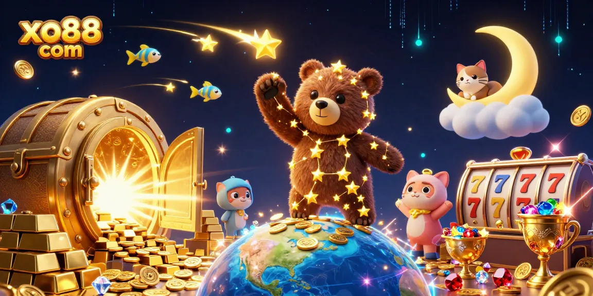 Engage with the magical world of xo88 com featuring a treasure-filled scene with stars, coins, and joyful gaming elements.